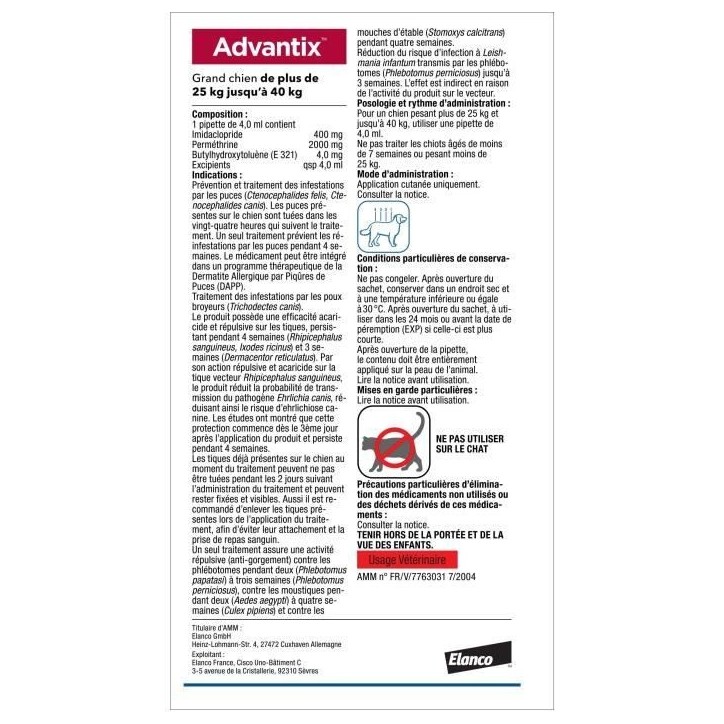 ADVANTIX Chien Solution Antiparasitaire Grande Race 25 a 40kg 6 pipettes