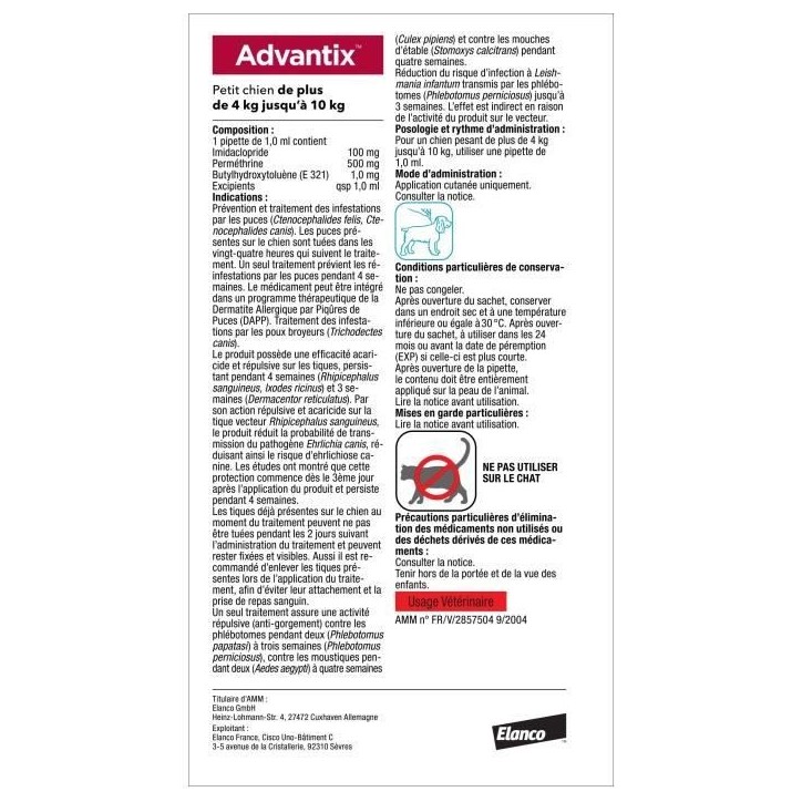 Advantix Chien Solution Antiparasitaire Petite Race 4 a 10kg 6 pipettes