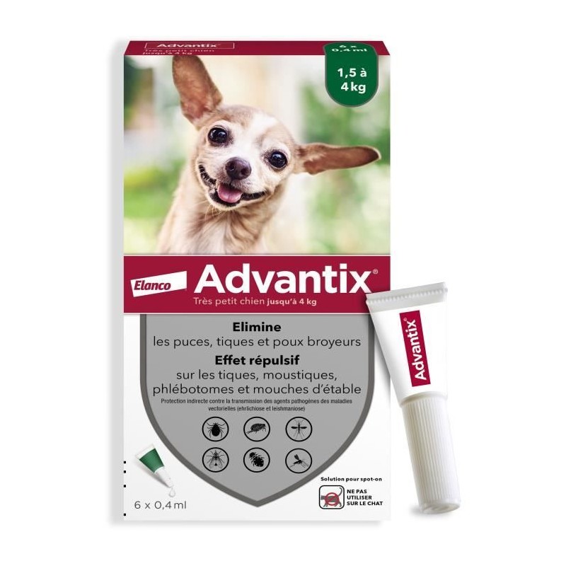 ADVANTIX Chien Solution Antiparasitaire Tres Petite Race 1,5 a 4kg 6 p ADVANTIX Chien Solution Antiparasitaire Tres Petite Race 1,5 a 4kg 6 p