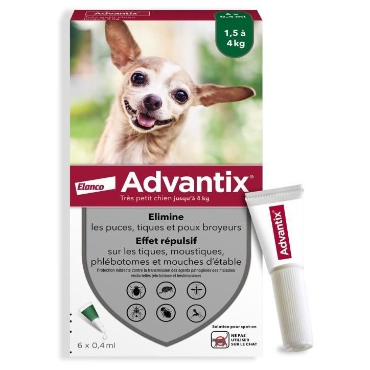 ADVANTIX Chien Solution Antiparasitaire Tres Petite Race 1,5 a 4kg 6 pipettes