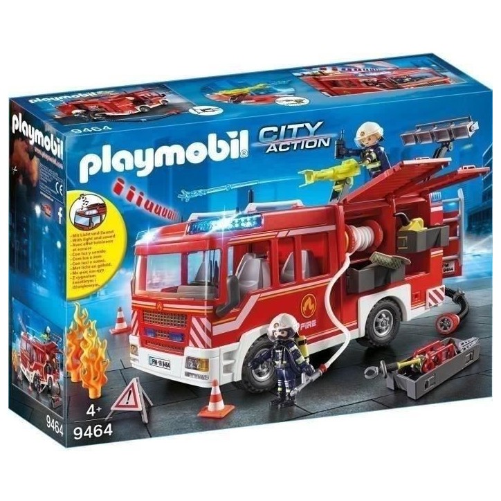 PLAYMOBIL 9464 Fourgon d'intervention des pompiers jaune avec canon a eau fonctionnel - City Action