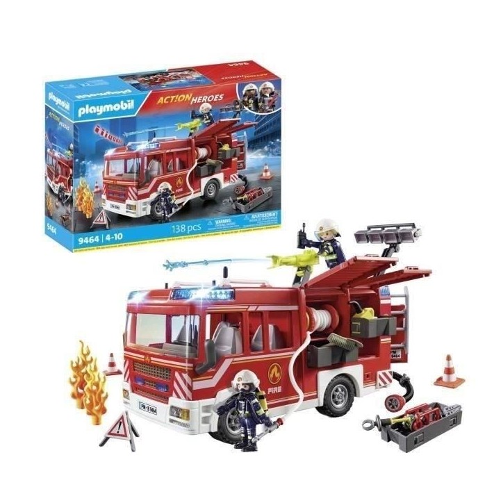 PLAYMOBIL 9464 Fourgon d'intervention des pompiers jaune avec canon a eau fonctionnel - City Action