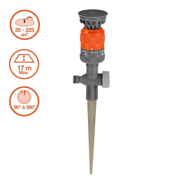 GARDENA Arroseur circulaire Vario Comfort – Surface 225m² max – Portée 8.5m max – Crans arrosage 45-360° – Garantie 5