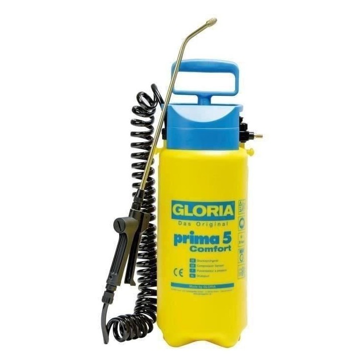 Pulvérisateur a pression GLORIA Prima 5 Comfort - 5L, lance et buse laiton, tuyau a spirales 2,50m