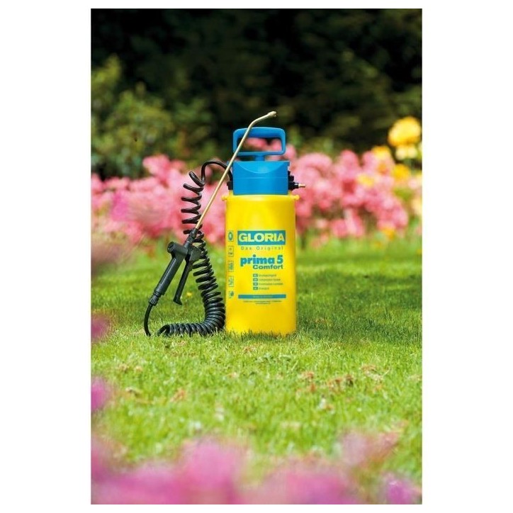 Pulvérisateur a pression GLORIA Prima 5 Comfort - 5L, lance et buse laiton, tuyau a spirales 2,50m
