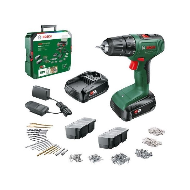 Perceuse visseuse Bosch EasyDrill 18V 40 + 2 batteries 18V 1,5Ah + Systembox avec 241 Accessoires + chargeur AL1810CV 06039D8007 Perceuse visseuse Bosch EasyDrill 18V 40 + 2 batteries 18V 1,5Ah + Systembox avec 241 Accessoires + chargeur AL1810CV 06039D8007