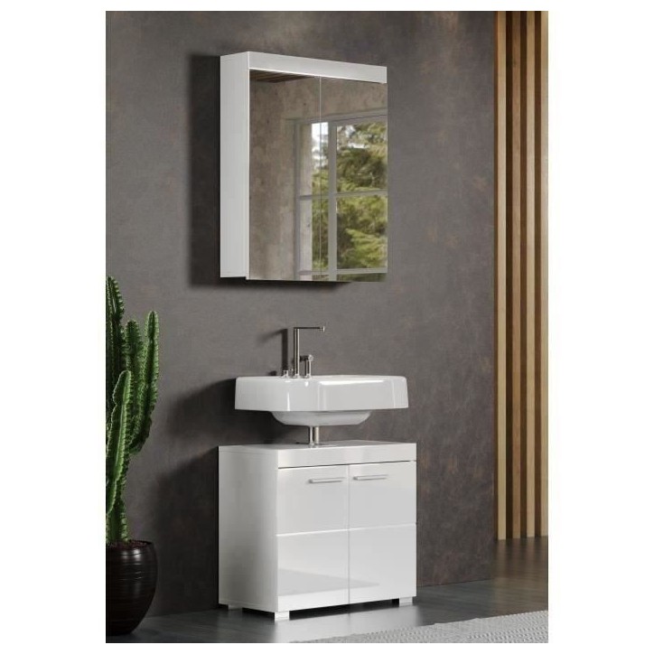 Meuble de salle de bain - Armoire de toilette - Miroir - 2 portes - Blanc - L60 x P17 x H77cm - AMANDA Meuble de salle de bain - Armoire de toilette - Miroir - 2 portes - Blanc - L60 x P17 x H77cm - AMANDA