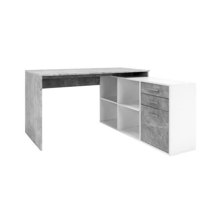 Bureau d'angle LONDON - Panneaux de particules - Décor béton structuré, blanc - 136 x 75 x 139 cm