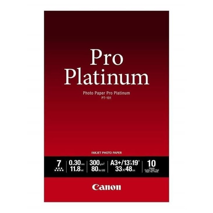Papier photo CANON PT-101 Pro platinum 300g A3+ - 10 feuilles Papier photo CANON PT-101 Pro platinum 300g A3+ - 10 feuilles