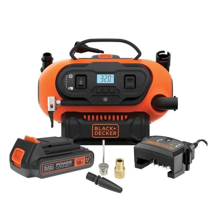 Gonfleur compresseur filaire ou sans fil - BLACK+DECKER - BDCINF18N-QS - 18V - 11 BARS/ 160 PSI - sans batterie Gonfleur compresseur filaire ou sans fil - BLACK+DECKER - BDCINF18N-QS - 18V - 11 BARS/ 160 PSI - sans batterie