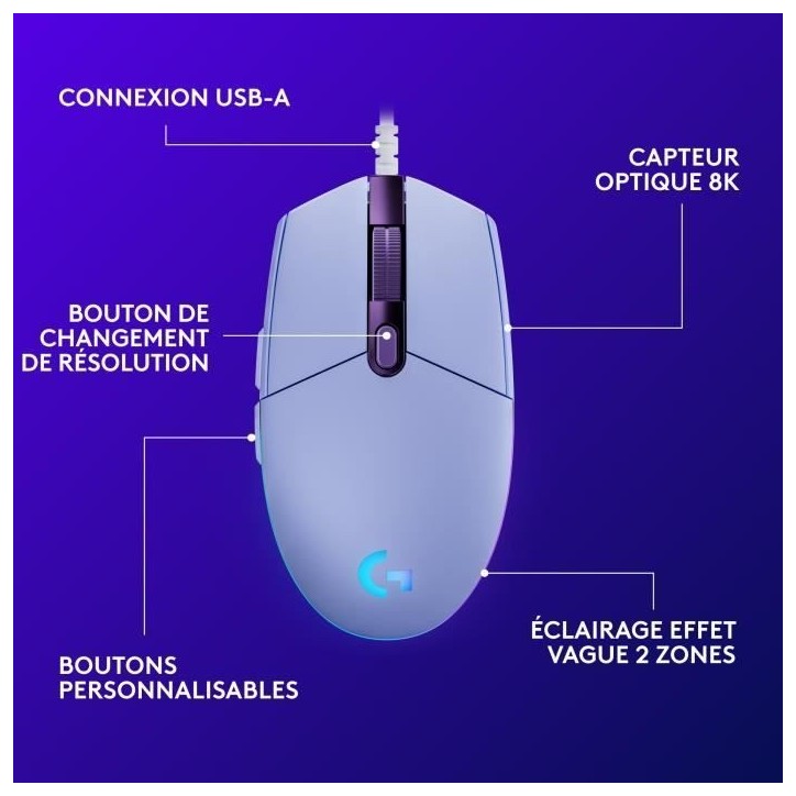 Souris gamer - Filaire - Logitech G - G203 - Lilas