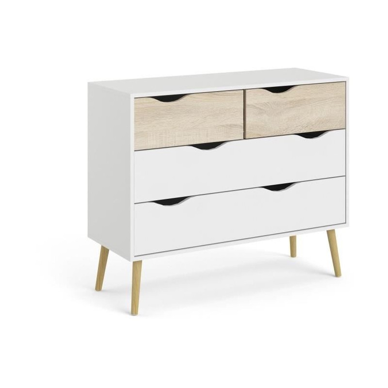 Commode 4 tiroirs - Blanc / Chene - Pietement évasé en bois massif - Commode 4 tiroirs - Blanc / Chene - Pietement évasé en bois massif -