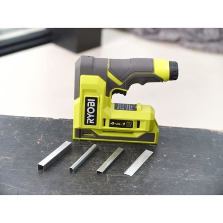 Agrafeuse cloueuse - RYOBI - 4V - Agrafes de 6 a 14 mm - Pointes 18G jusqu'a 15 mm - Livrée avec 1100 agrafes T50 et 250 pointe