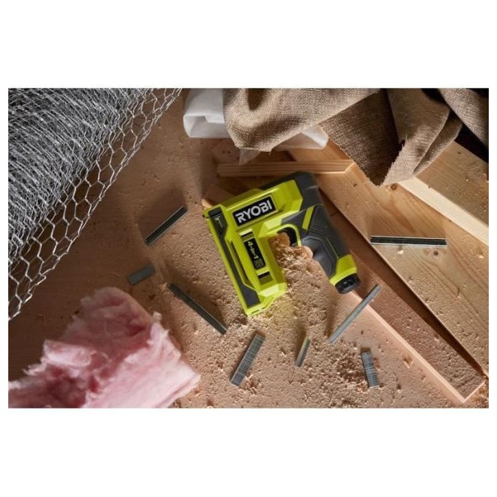 Agrafeuse cloueuse - RYOBI - 4V - Agrafes de 6 a 14 mm - Pointes 18G jusqu'a 15 mm - Livrée avec 1100 agrafes T50 et 250 pointe Agrafeuse cloueuse - RYOBI - 4V - Agrafes de 6 a 14 mm - Pointes 18G jusqu'a 15 mm - Livrée avec 1100 agrafes T50 et 250 pointe