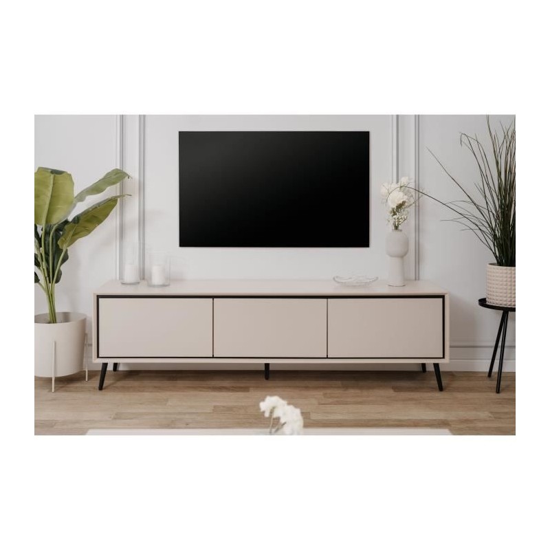 Meuble TV Arona - Beige / Noir - 3 abatants - 175 x 50 x 38 cm