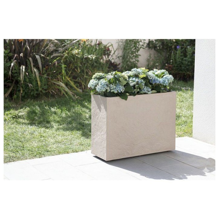 Jardiniere Muret Loft L - EDA - Volcania - 46 L - Intérieur/Extérieur - Décor Pierre - 78,5 x 29,5 x H. 60 cm - Beige Calcair