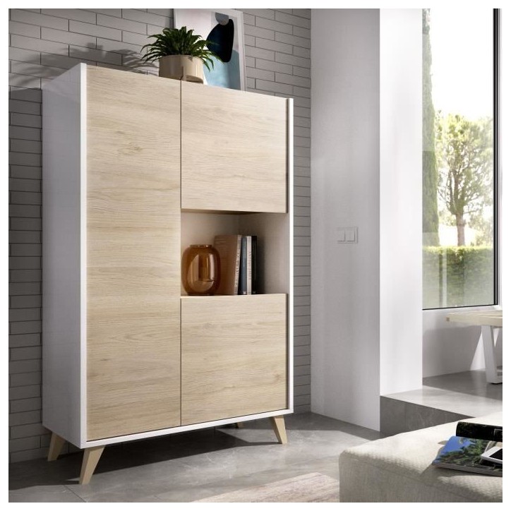 Buffet haut 3 portes - Décor Chene et blanc - NESS - L 81 x P 43 x H 135 cm Buffet haut 3 portes - Décor Chene et blanc - NESS - L 81 x P 43 x H 135 cm