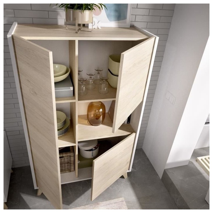 Buffet haut 3 portes - Décor Chene et blanc - NESS - L 81 x P 43 x H 135 cm Buffet haut 3 portes - Décor Chene et blanc - NESS - L 81 x P 43 x H 135 cm
