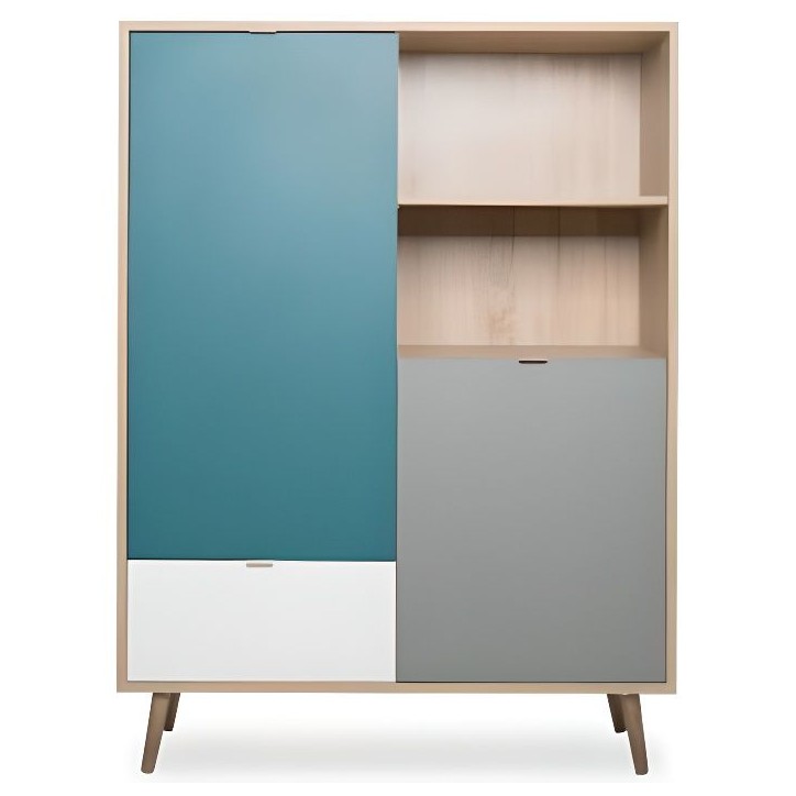 Buffet haut - Chene Sonoma, blanc, gris et bleu - Style scandinave - CUBA - L 103 x P 40 x H 139 cm