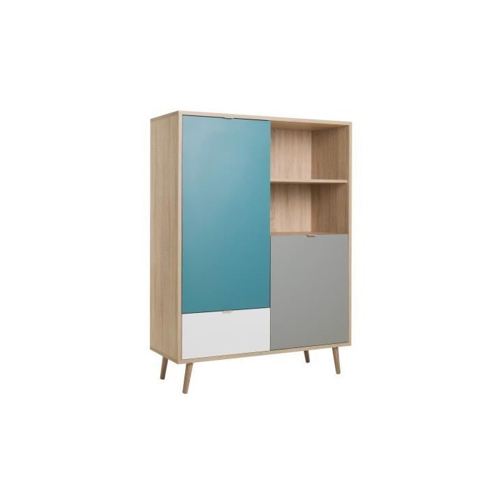 Buffet haut - Chene Sonoma, blanc, gris et bleu - Style scandinave - CUBA - L 103 x P 40 x H 139 cm