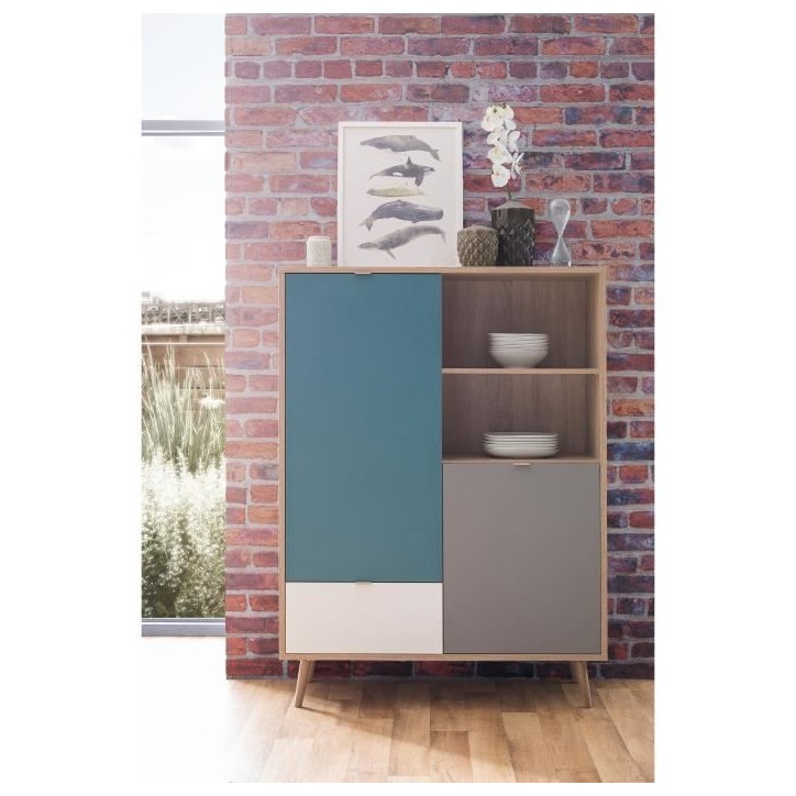 Buffet haut - Chene Sonoma, blanc, gris et bleu - Style scandinave - CUBA - L 103 x P 40 x H 139 cm
