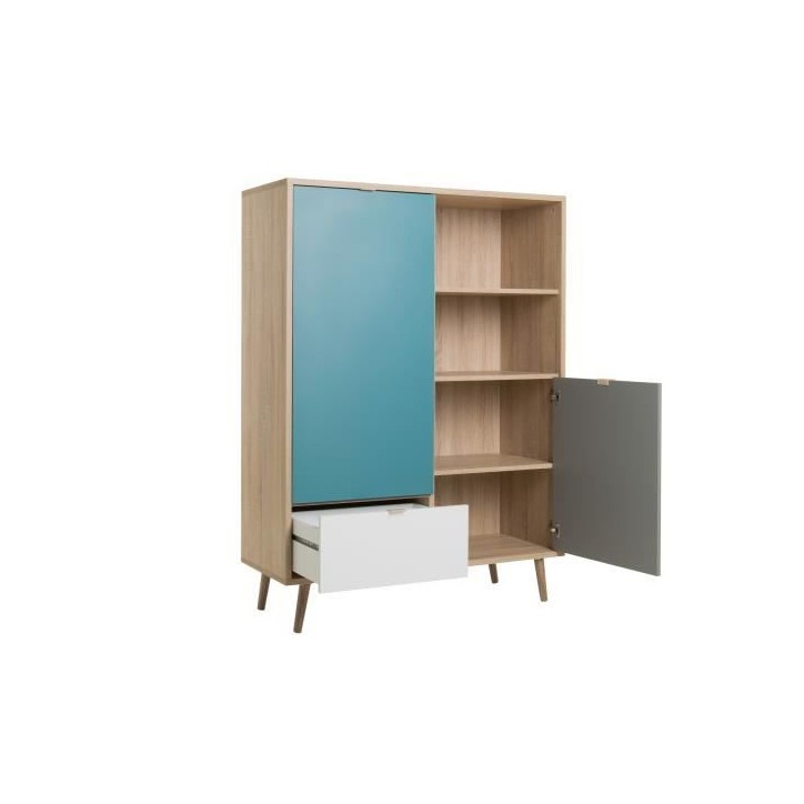 Buffet haut - Chene Sonoma, blanc, gris et bleu - Style scandinave - CUBA - L 103 x P 40 x H 139 cm