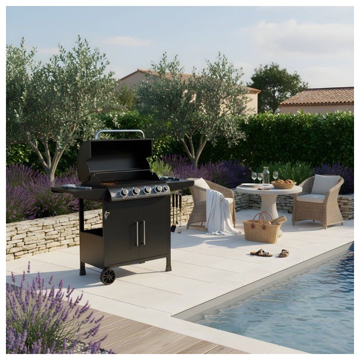 Barbecue a gaz - COOKING BOX - Paarl - 4 brûleurs - Surface de cuisson principal : 60 x 42 cm - Grille de maintien au chaud - A