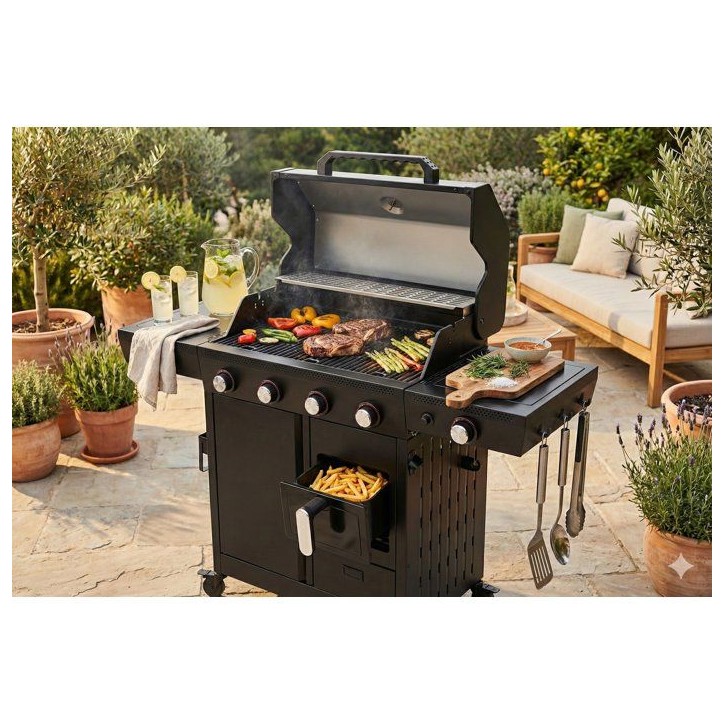 Barbecue a gaz - Cookingbox - Airgrill - 4 brûleurs - Fonction Air Fryer - Cuve en acier - Grilles de cuisson en fonte émaill