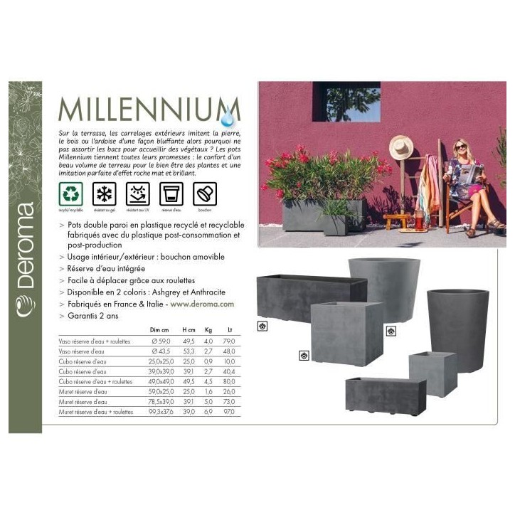 DEROMA Jardiniere Muret Millennium R - 99 x h39 cm - Anthracite - A réserve d'eau - Roulettes DEROMA Jardiniere Muret Millennium R - 99 x h39 cm - Anthracite - A réserve d'eau - Roulettes