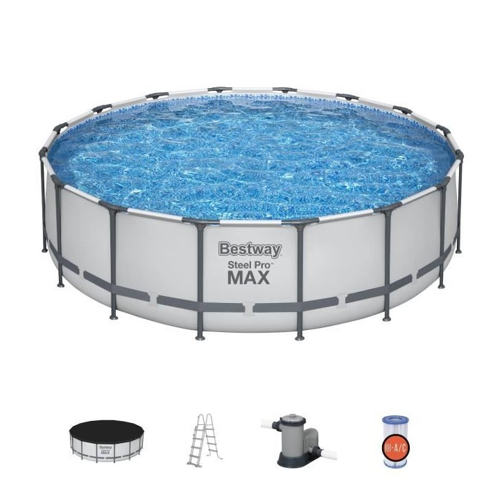 Kit Piscine hors sol tubulaire BESTWAY - Steel Pro Max - 488 x 122 cm - Ronde (Filtre avec cartouche, échelle, bâche)