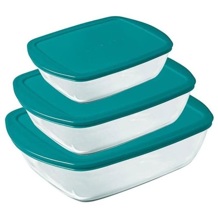 Lot de 3 plats avec couvercle - PYREX - Cook & Store - Verre - Rectangulaire - 0,4/1,1/2,5 L Lot de 3 plats avec couvercle - PYREX - Cook & Store - Verre - Rectangulaire - 0,4/1,1/2,5 L