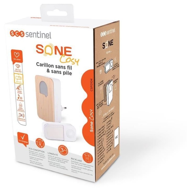 Scs sentinel - CSF0104 - Carillon SONE Cosy - Bois - Sans fil sans pile - 150m en champ libre - 25 melodies - IP65 Scs sentinel - CSF0104 - Carillon SONE Cosy - Bois - Sans fil sans pile - 150m en champ libre - 25 melodies - IP65