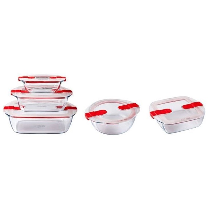 Lot de 5 Boîtes de conservation - PYREX - Cook & Heat - Verre - Couvercle a valves vapeur spécial micro-onde Lot de 5 Boîtes de conservation - PYREX - Cook & Heat - Verre - Couvercle a valves vapeur spécial micro-onde