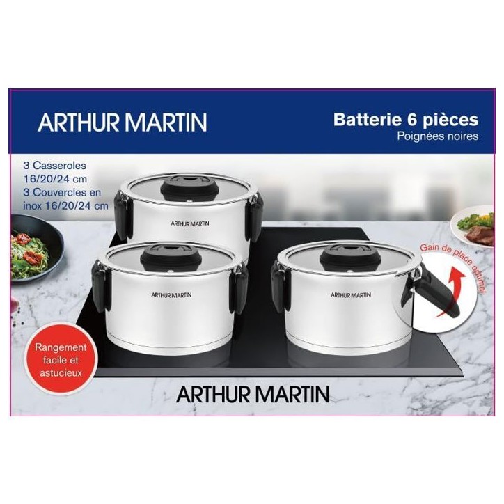 Set de 3 marmites avec poignées rabattables Arthur Martin - AM6321 Set de 3 marmites avec poignées rabattables Arthur Martin - AM6321