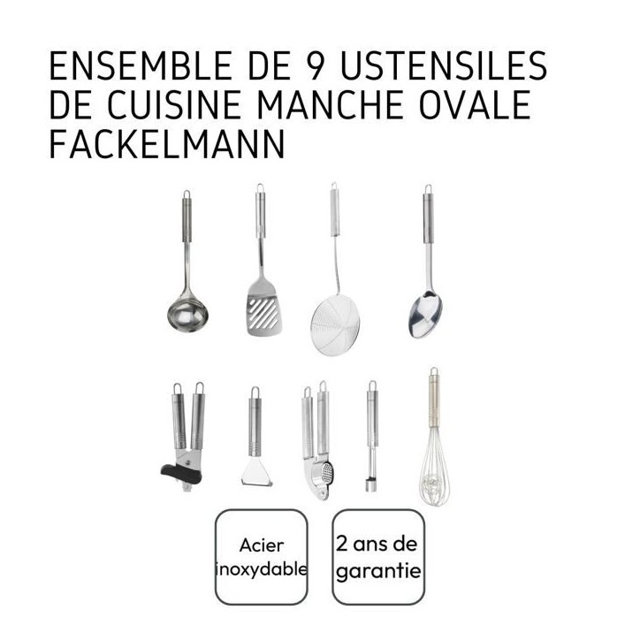 Ensemble de 9 ustensiles de cuisine - FACKELMANN - Ovale - Inox Ensemble de 9 ustensiles de cuisine - FACKELMANN - Ovale - Inox