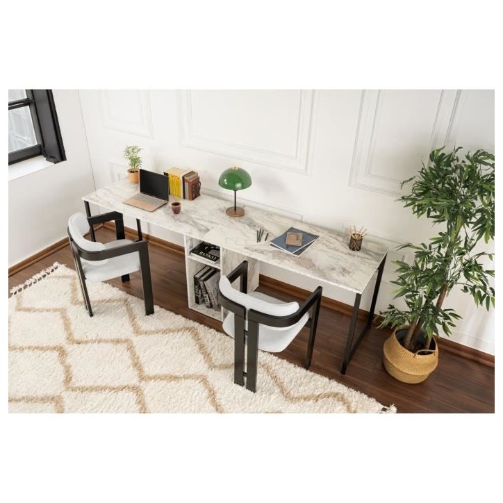 Bureau d'étude moderne avec étageres - TWIN - Freesia / Marbre - 240 x 74 x 60 cm
