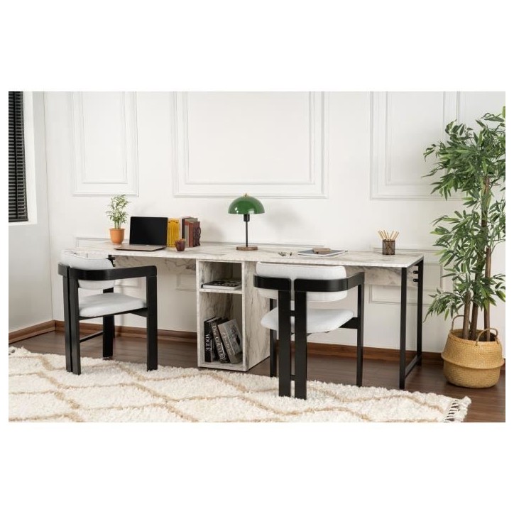 Bureau d'étude moderne avec étageres - TWIN - Freesia / Marbre - 240 x 74 x 60 cm