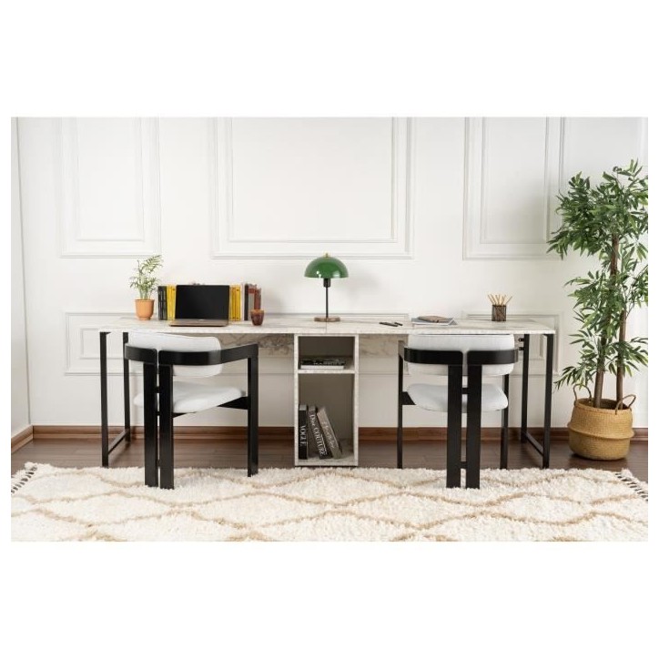 Bureau d'étude moderne avec étageres - TWIN - Freesia / Marbre - 240 x 74 x 60 cm