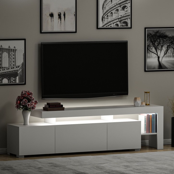 Meuble TV avec éclairage LED - BELIZ - Blanc - 192 x 53 x 37 cm