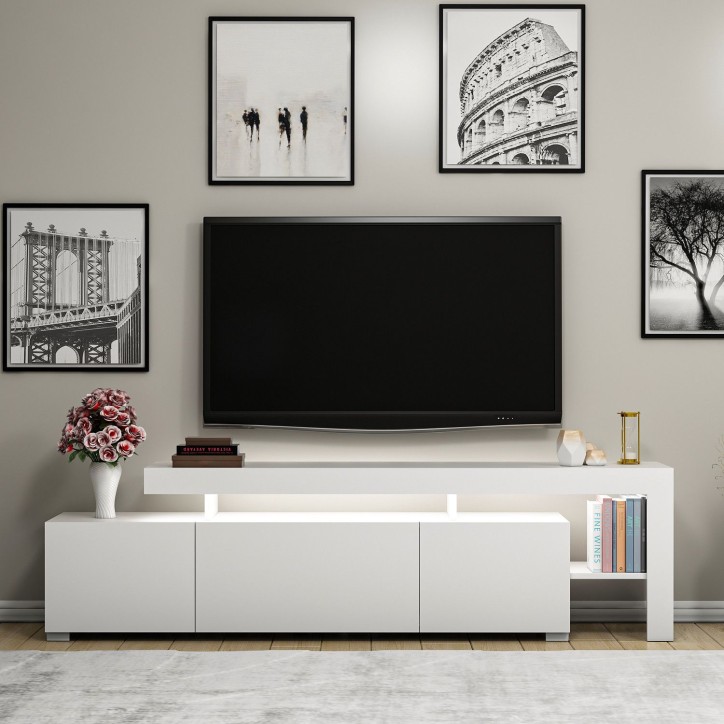 Meuble TV avec éclairage LED - BELIZ - Blanc - 192 x 53 x 37 cm