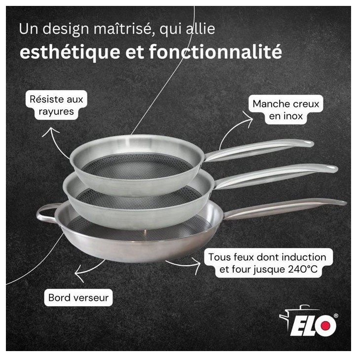 Set de 3 poeles a induction - ELO - Relief Solutions - Inox 18/10 ELODUR Select antiadhésives - Ø 24-28-32 cm