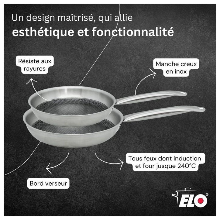 Set de 2 poeles a induction - ELO - Relief Solutions - Inox 18/10 ELODUR Select antiadhésives – Ø?24?et 28?cm Set de 2 poeles a induction - ELO - Relief Solutions - Inox 18/10 ELODUR Select antiadhésives – Ø?24?et 28?cm
