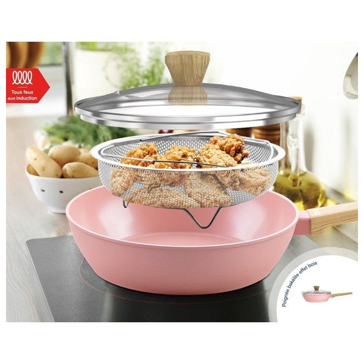 Sauteuse - Tous feux dont induction - ARTHUR MARTIN - AM0333 - Revetement céramique - Ø 24 cm - Avec couvercle et panier inox