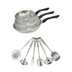 Set 3 poeles 20 24 et 28 cm en inox et 6 ustensiles inox Fackelmann Ge