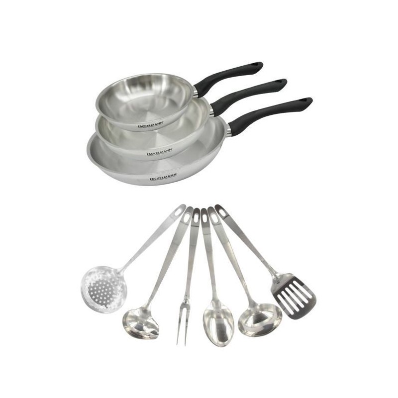 Set 3 poeles 20 24 et 28 cm en inox et 6 ustensiles inox Fackelmann Ge