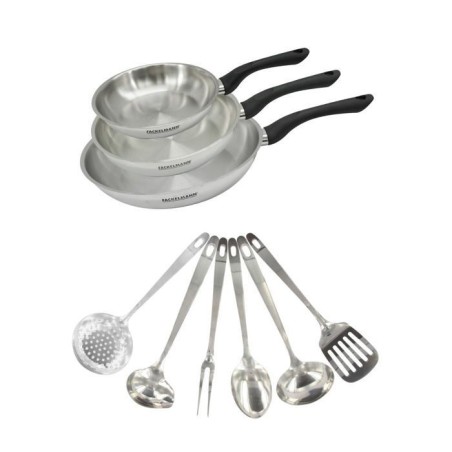 Set 3 poeles 20 24 et 28 cm en inox et 6 ustensiles inox Fackelmann Ge