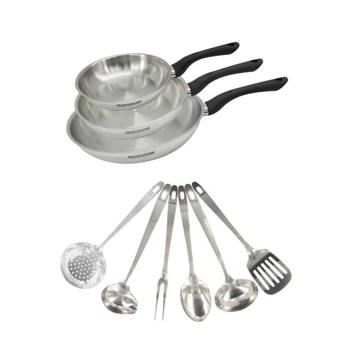 Set 3 poeles 20 24 et 28 cm en inox et 6 ustensiles inox Fackelmann Geneva