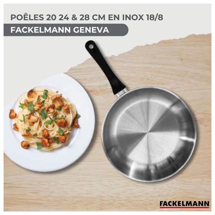 Set 3 poeles 20 24 et 28 cm en inox et 6 ustensiles inox Fackelmann Geneva