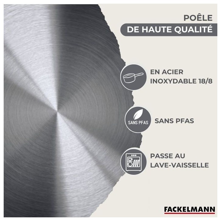 Set 3 poeles 20 24 et 28 cm en inox et 6 ustensiles inox Fackelmann Geneva
