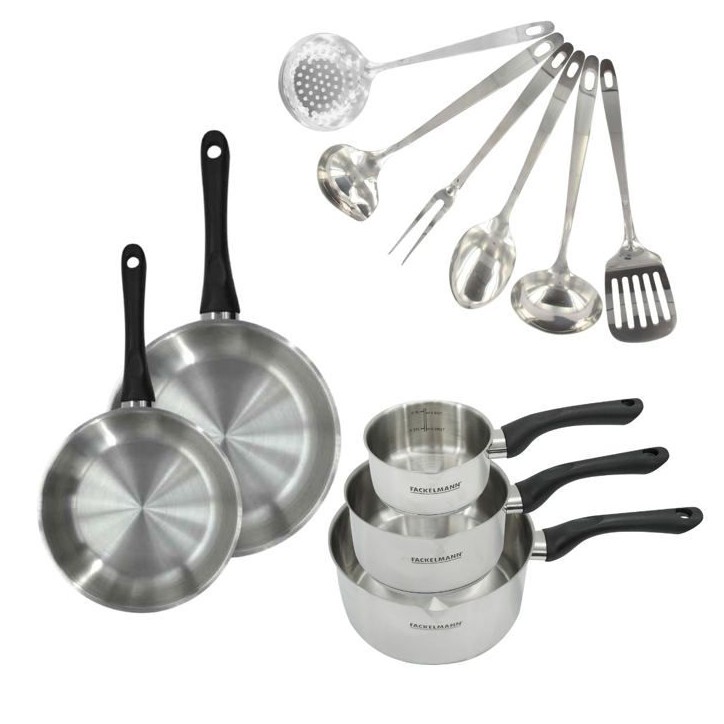 Batterie de cuisine - Tous feux dont induction - FACKELMANN - Geneva - Inox - 2 poeles 20 et 24, 3 casseroles et 6 ustensiles